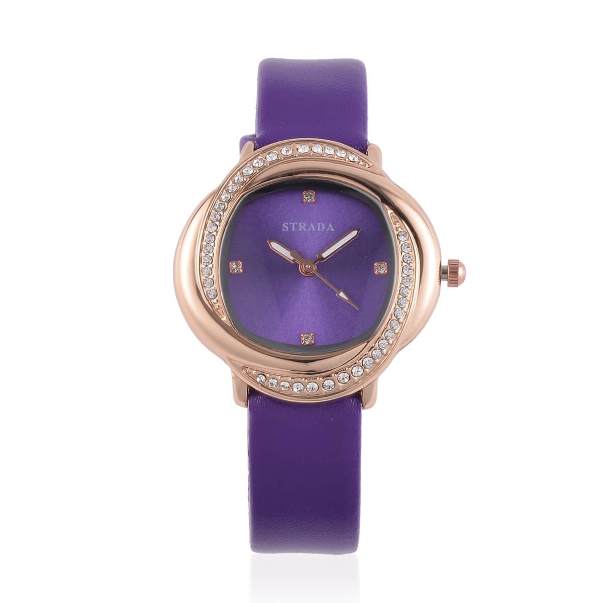 Strada Austrian Crystal Japanese Movement Watch with Purple Faux Leather Strap (25.40mm) (6.0-7.5 Inches) image number 0