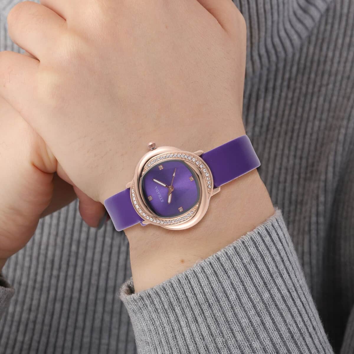 Strada Austrian Crystal Japanese Movement Watch with Purple Faux Leather Strap (25.40mm) (6.0-7.5 Inches) image number 2