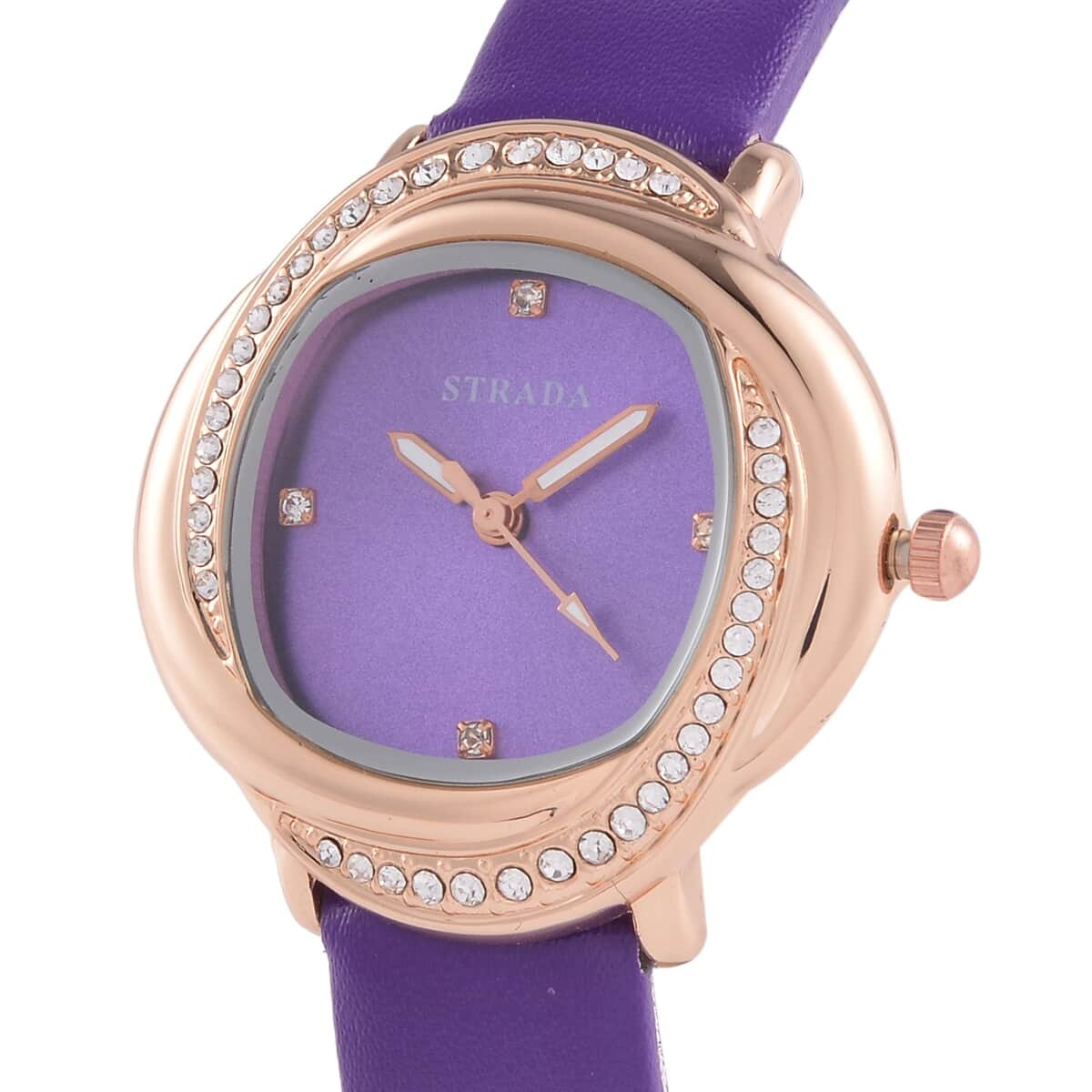 Strada Austrian Crystal Japanese Movement Watch with Purple Faux Leather Strap (25.40mm) (6.0-7.5 Inches) image number 3