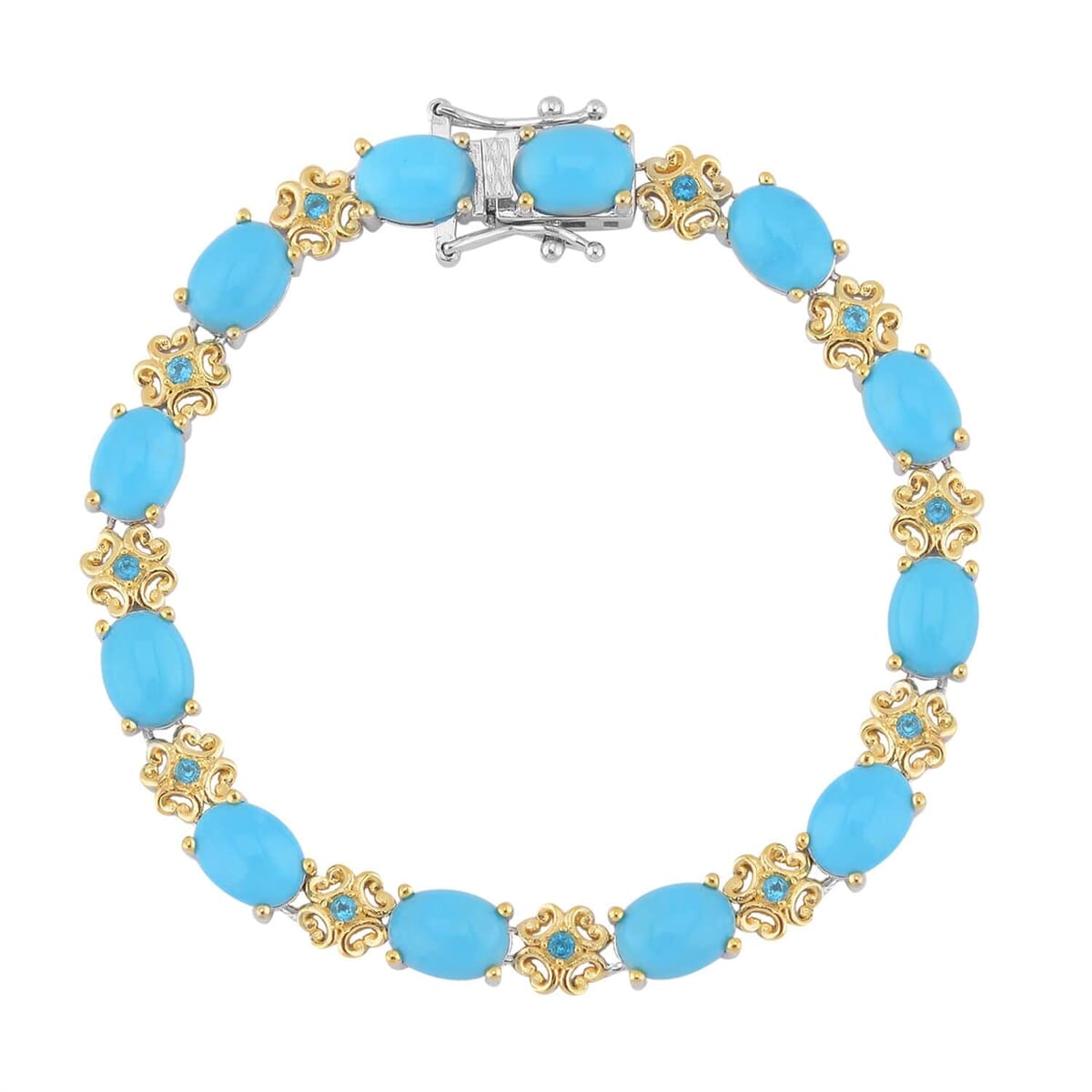 American Natural Sleeping Beauty Turquoise and Malgache Neon Apatite Bracelet in 14K YG and Rhodium Over Sterling Silver (6.50 In) 9 Grams 12.15 ctw image number 0