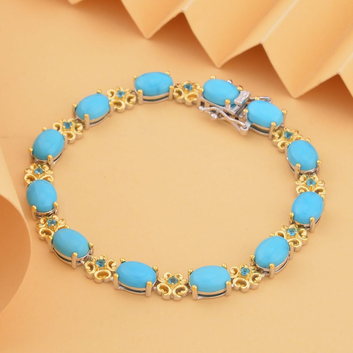 American Natural Sleeping Beauty Turquoise and Malgache Neon Apatite Bracelet in 14K YG and Rhodium Over Sterling Silver (6.50 In) 9 Grams 12.15 ctw image number 1