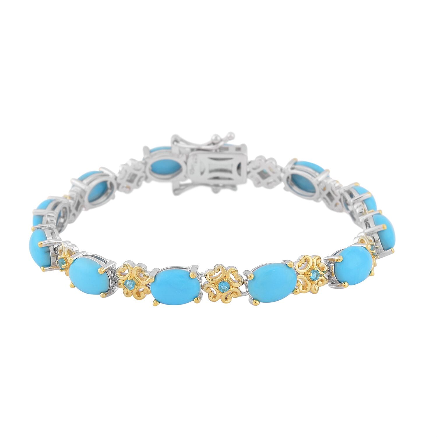 Sleeping Beauty Turquoise and Malgache Neon Apatite Bracelet in 14K YG and Rhodium Over Sterling Silver (6.50 In) 12.15 ctw
