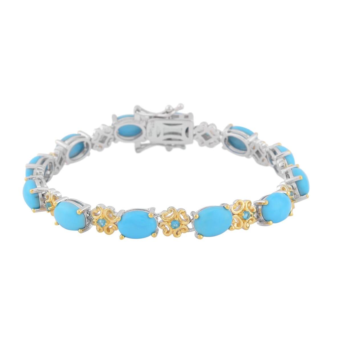 American Natural Sleeping Beauty Turquoise and Malgache Neon Apatite Bracelet in 14K YG and Rhodium Over Sterling Silver (6.50 In) 9 Grams 12.15 ctw image number 2