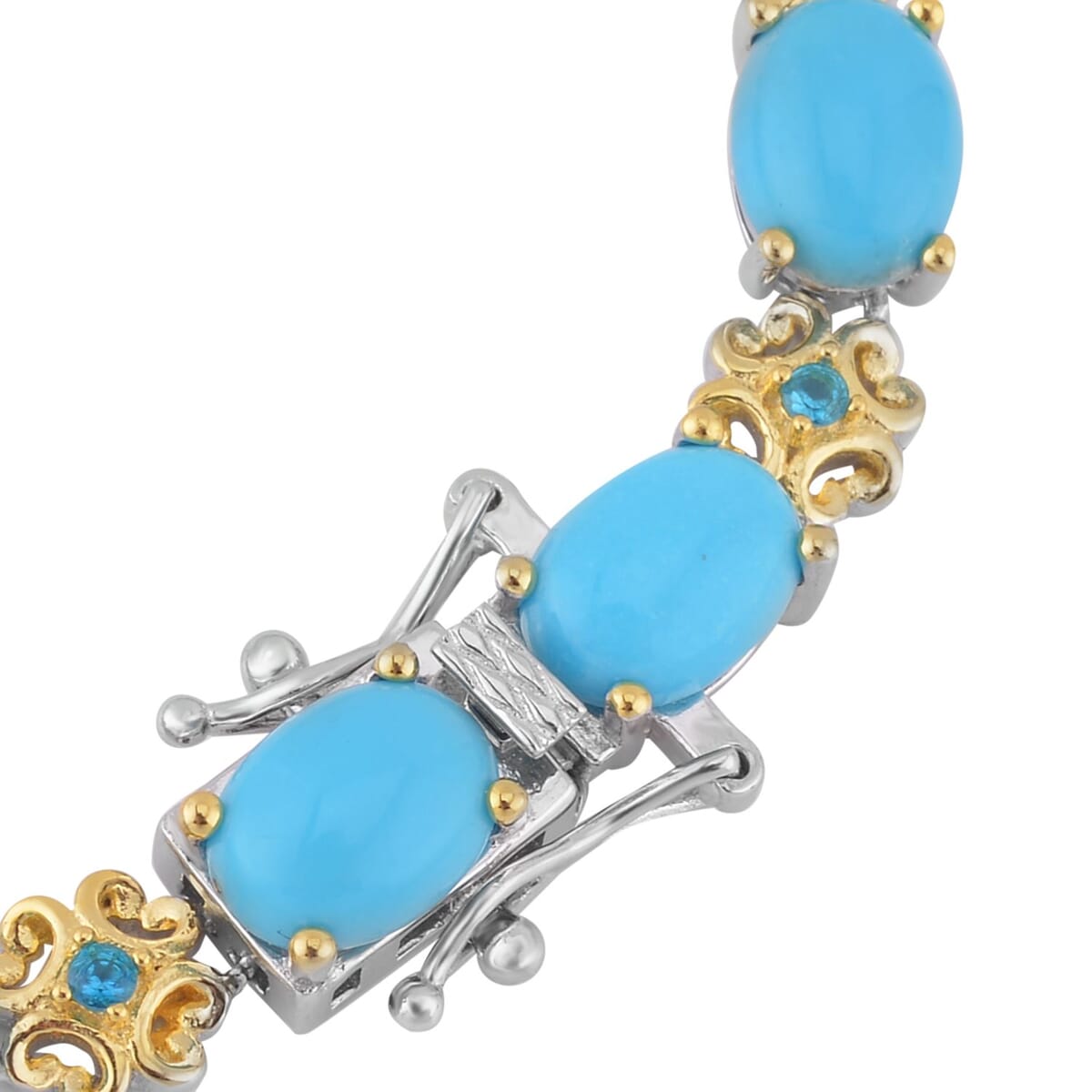 American Natural Sleeping Beauty Turquoise and Malgache Neon Apatite Bracelet in 14K YG and Rhodium Over Sterling Silver (6.50 In) 9 Grams 12.15 ctw image number 3