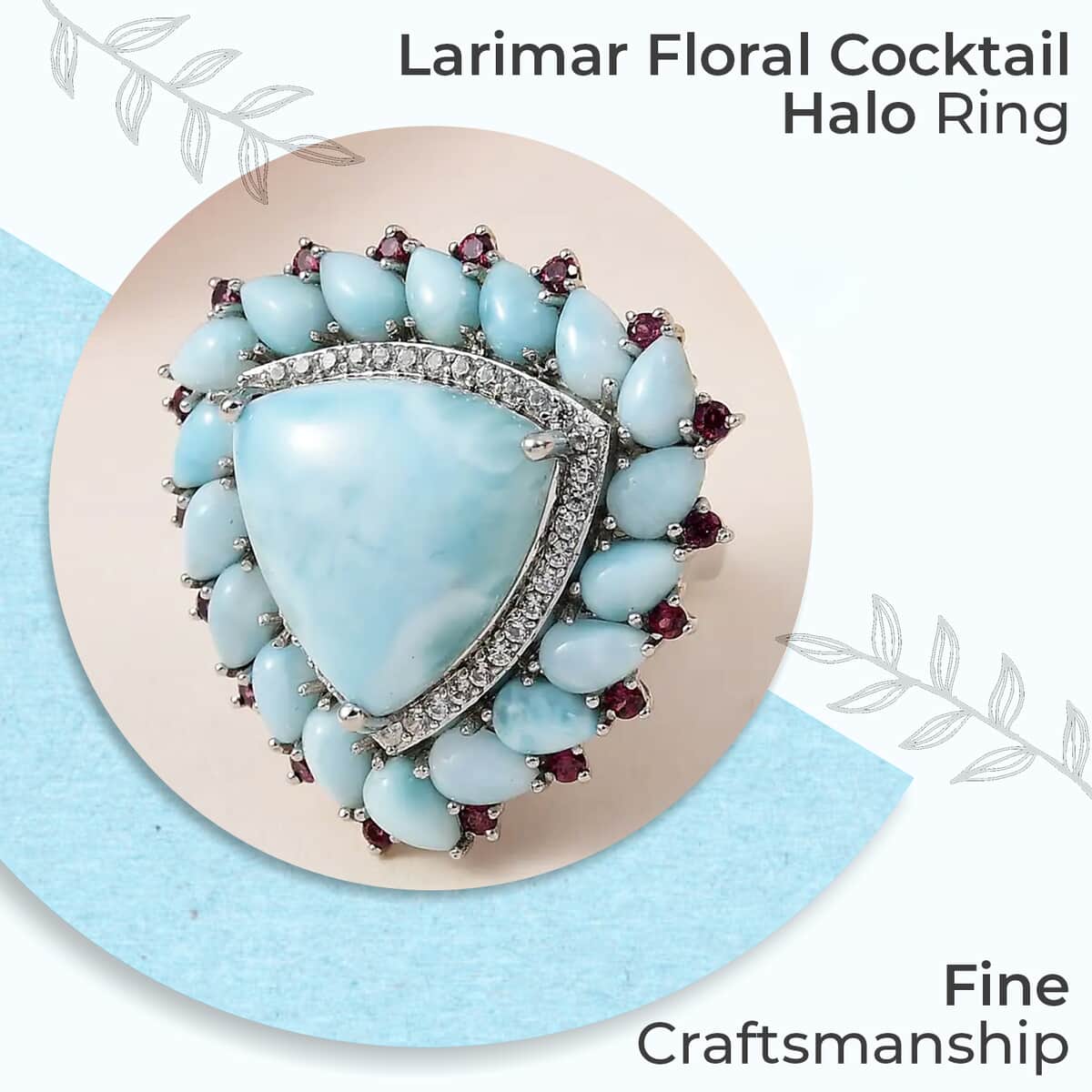 Larimar Floral Ring ,Multi Gemstone Cocktail Ring,Sterling Silver Ring, Larimar Cluster Ring 30.80 ctw (Size 10) image number 1