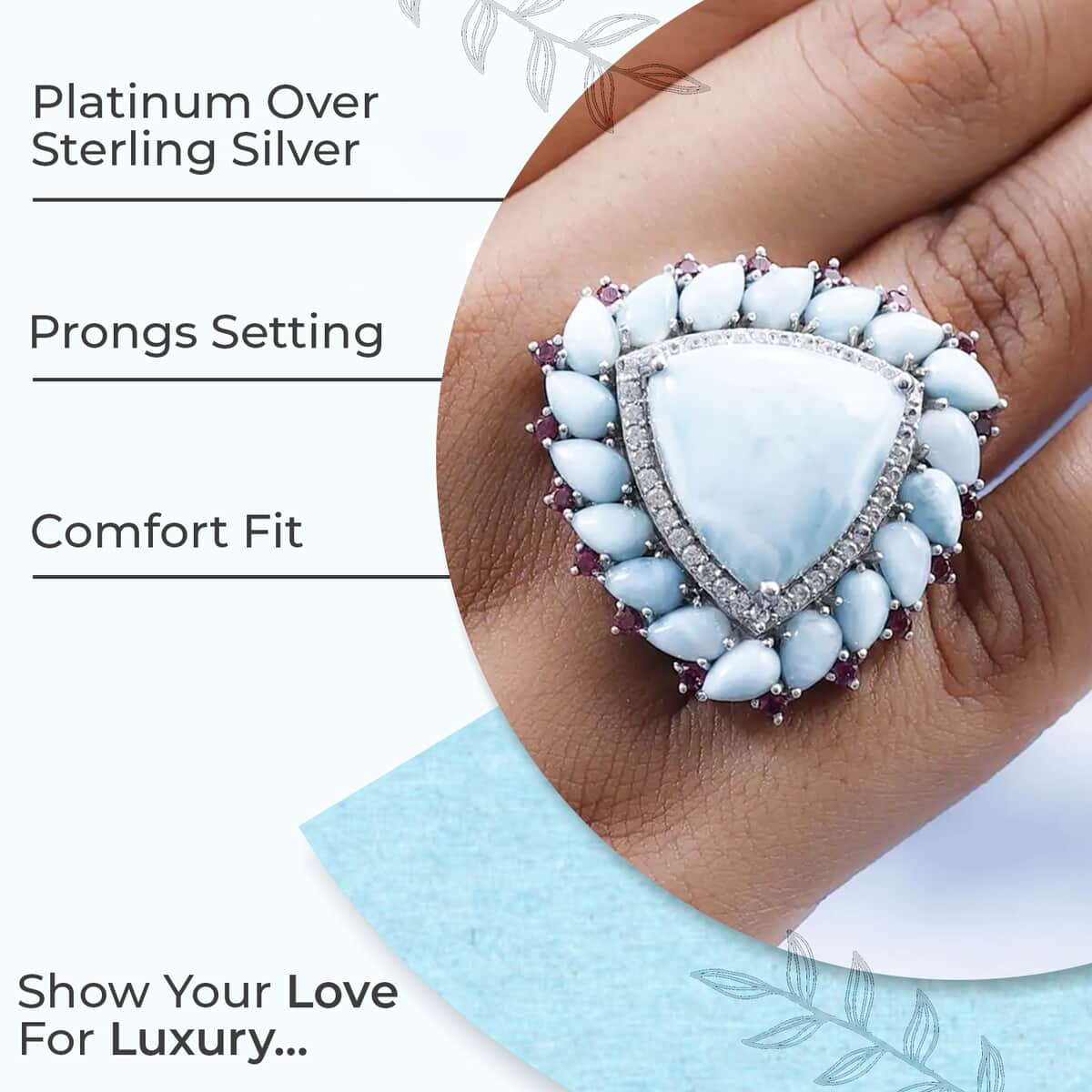 Larimar Floral Ring ,Multi Gemstone Cocktail Ring,Sterling Silver Ring, Larimar Cluster Ring 30.80 ctw (Size 10) image number 2