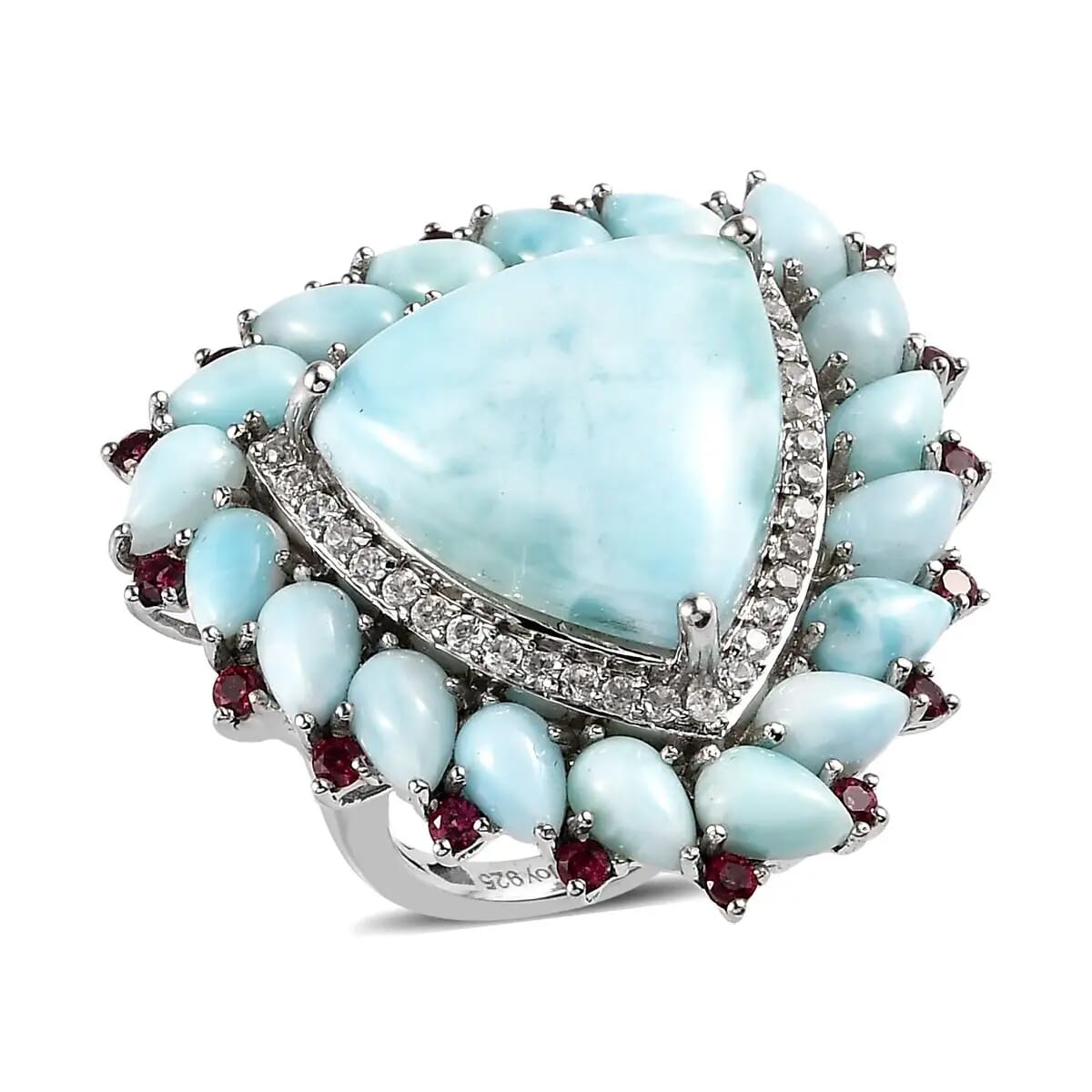 Larimar Floral Ring ,Multi Gemstone Cocktail Ring,Sterling Silver Ring, Larimar Cluster Ring 30.80 ctw (Size 6.0) image number 0