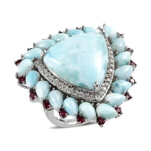 Larimar Floral Ring ,Multi Gemstone Cocktail Ring,Sterling Silver Ring, Larimar Cluster Ring 30.80 ctw (Size 6.0)