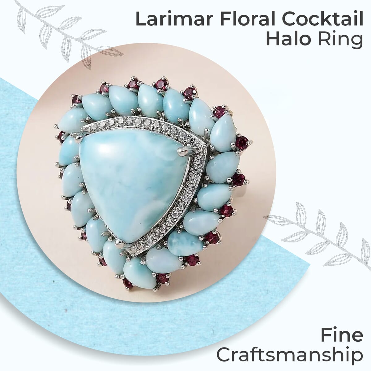 Larimar Floral Ring ,Multi Gemstone Cocktail Ring,Sterling Silver Ring, Larimar Cluster Ring 30.80 ctw (Size 6.0) image number 1