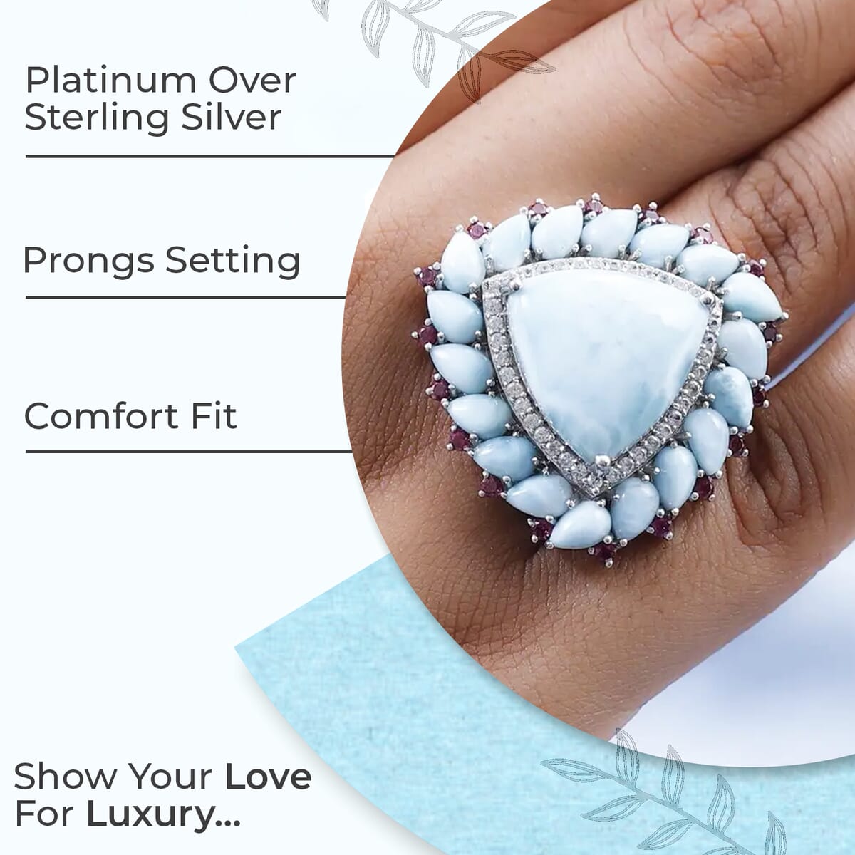 Larimar Floral Ring ,Multi Gemstone Cocktail Ring,Sterling Silver Ring, Larimar Cluster Ring 30.80 ctw (Size 6.0) image number 2