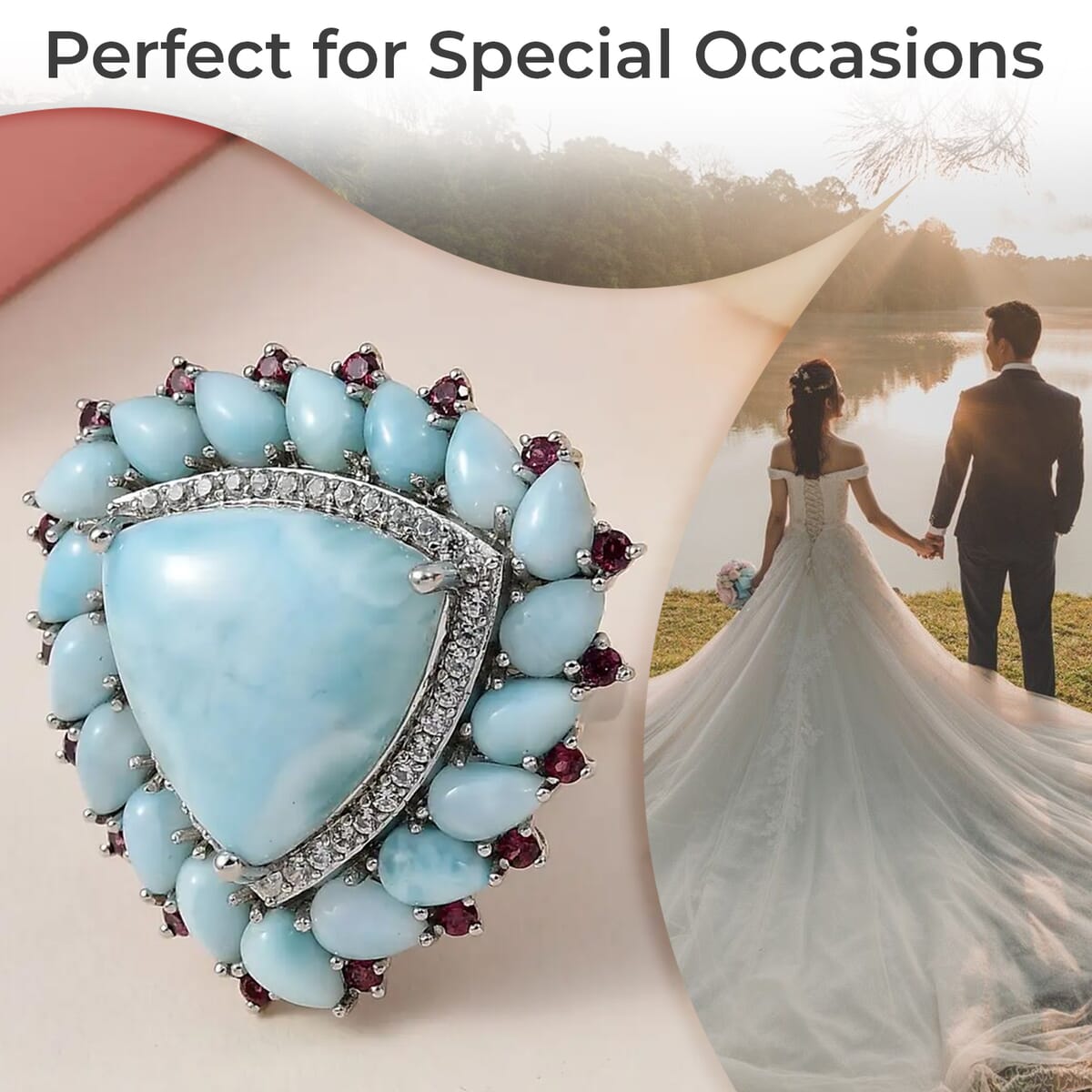 Larimar Floral Ring ,Multi Gemstone Cocktail Ring,Sterling Silver Ring, Larimar Cluster Ring 30.80 ctw (Size 6.0) image number 3