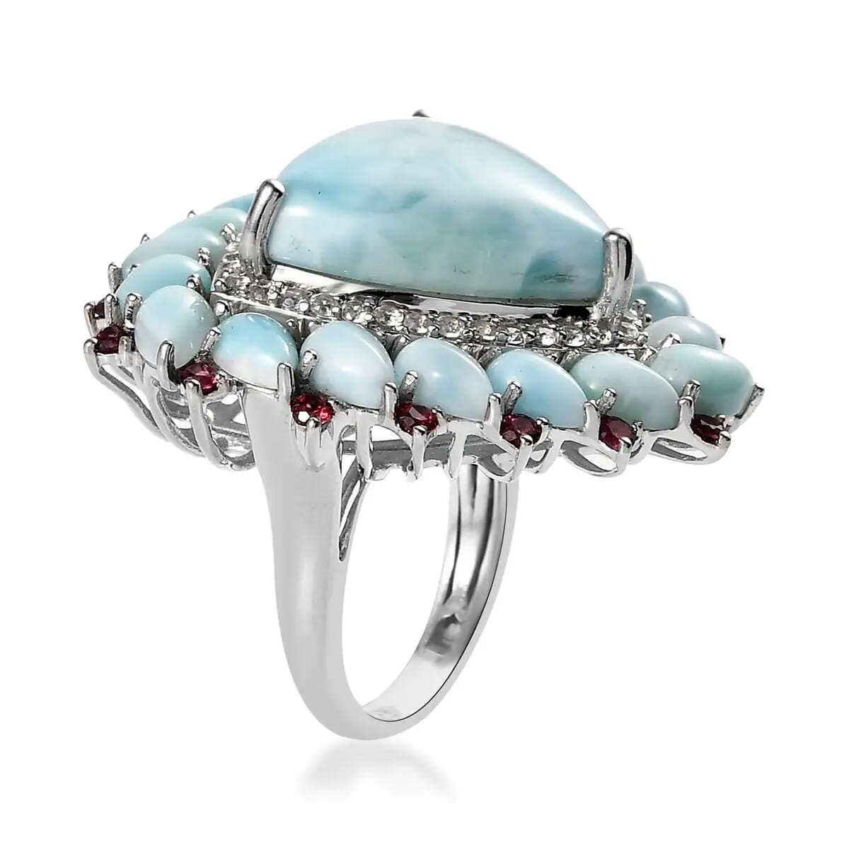 Larimar Floral Ring ,Multi Gemstone Cocktail Ring,Sterling Silver Ring, Larimar Cluster Ring 30.80 ctw (Size 6.0) image number 4