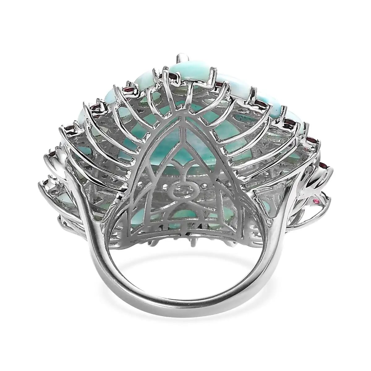 Larimar Floral Ring ,Multi Gemstone Cocktail Ring,Sterling Silver Ring, Larimar Cluster Ring 30.80 ctw (Size 6.0) image number 5