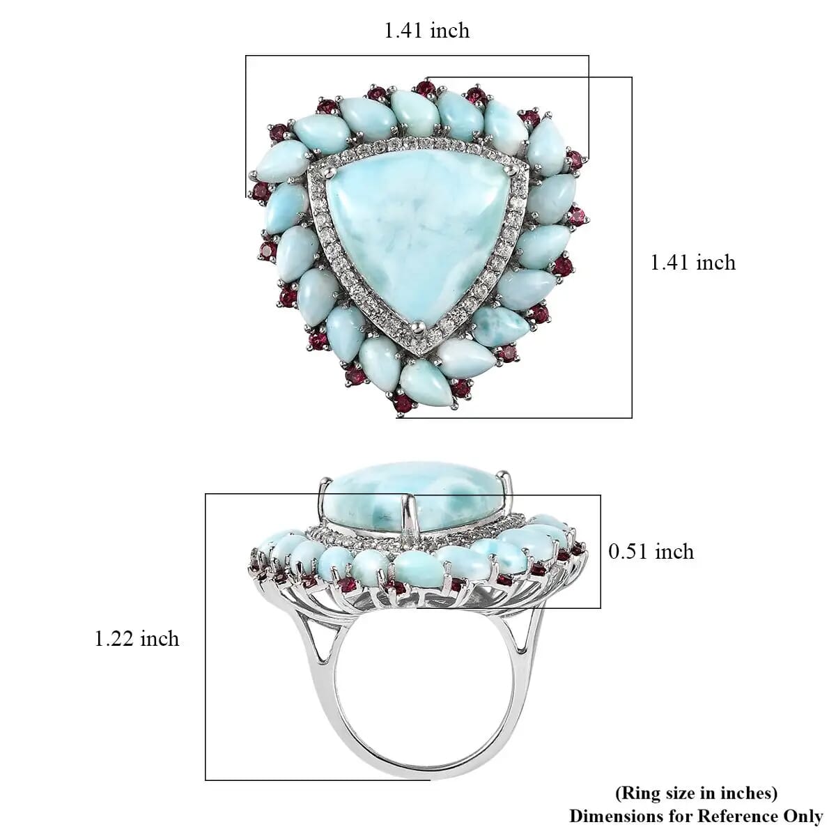Larimar Floral Ring ,Multi Gemstone Cocktail Ring,Sterling Silver Ring, Larimar Cluster Ring 30.80 ctw (Size 6.0) image number 6