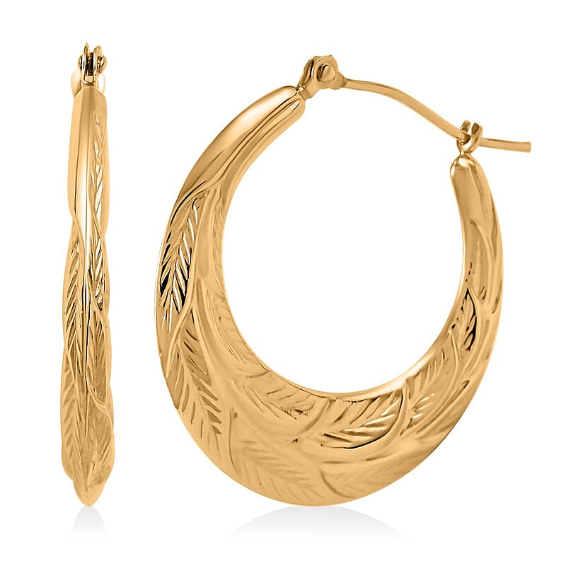 14K Yellow Gold Leaf Design Textured Hoop Earrings 2 Grams