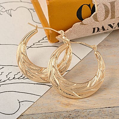 14K Yellow Gold Leaf Design Textured Hoop Earrings 2 Grams