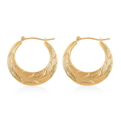 14K Yellow Gold Leaf Design Textured Hoop Earrings 2 Grams
