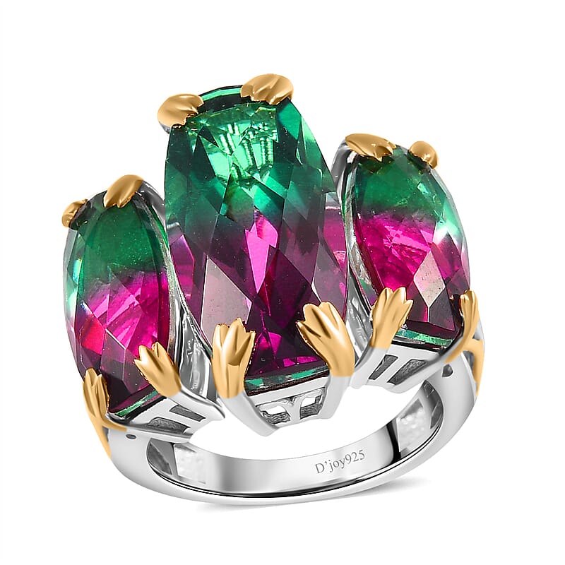 Watermelon Quartz (Triplet) 3 Stone Ring in Vermeil Yellow Gold and Platinum Over Sterling Silver (Size 10.0) 18.75 ctw