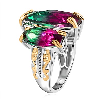 Watermelon Quartz (Triplet) 3 Stone Ring in Vermeil Yellow Gold and Platinum Over Sterling Silver (Size 10.0) 18.75 ctw