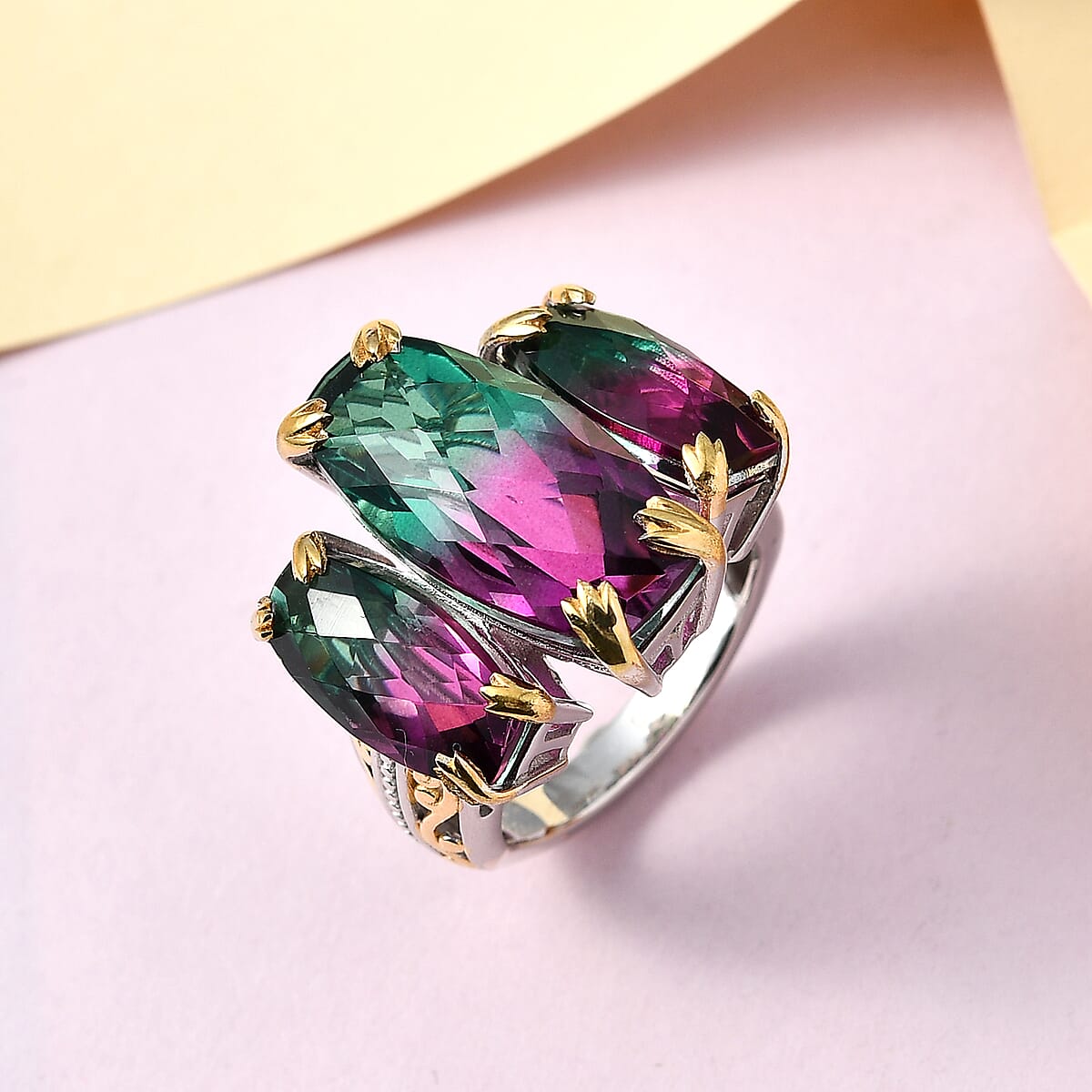 Watermelon Quartz (Triplet) 3 Stone Ring in Vermeil Yellow Gold and Platinum Over Sterling Silver (Size 6.0) 18.75 ctw image number 1