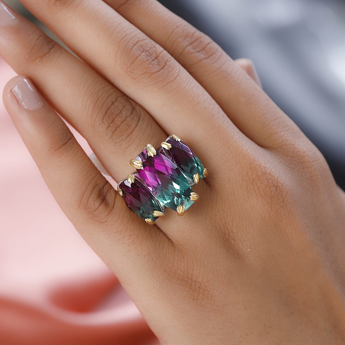 Watermelon Quartz (Triplet) 3 Stone Ring in Vermeil Yellow Gold and Platinum Over Sterling Silver (Size 6.0) 18.75 ctw image number 2