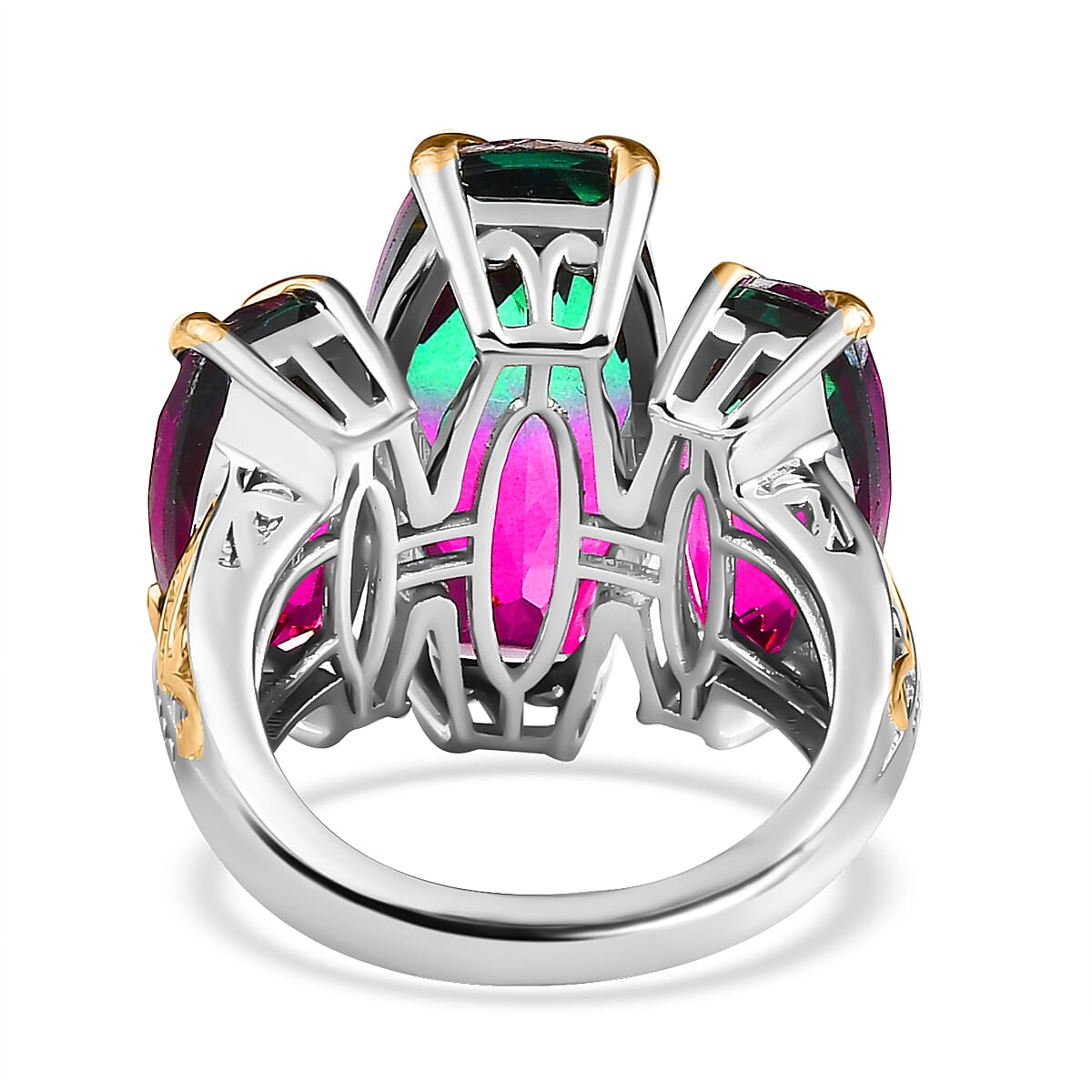 Watermelon Quartz (Triplet) 3 Stone Ring in Vermeil Yellow Gold and Platinum Over Sterling Silver (Size 6.0) 18.75 ctw image number 4
