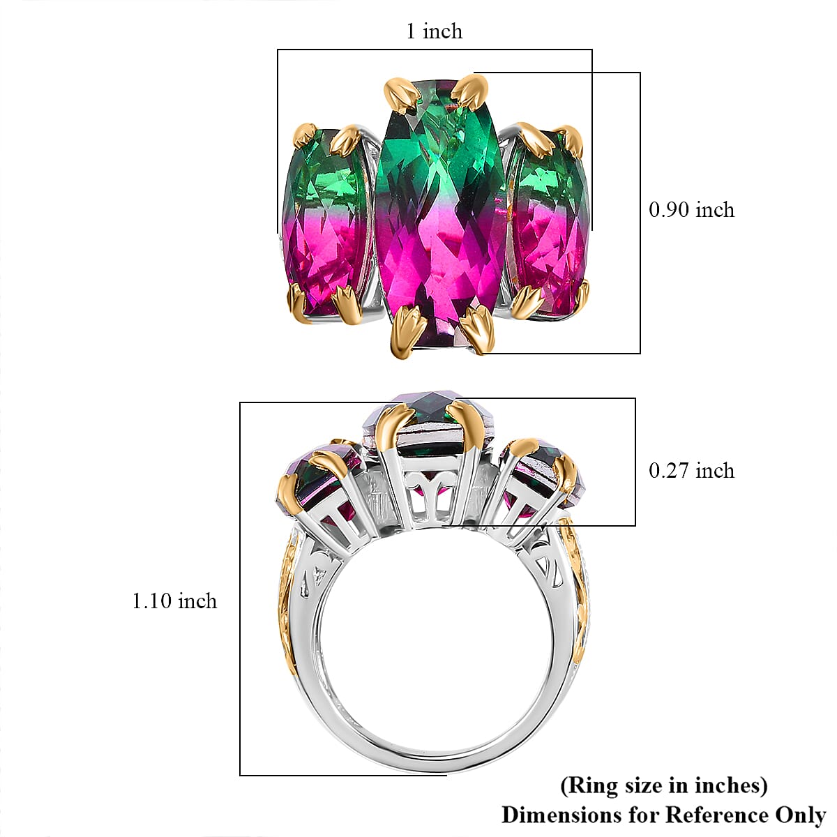 Watermelon Quartz (Triplet) 3 Stone Ring in Vermeil Yellow Gold and Platinum Over Sterling Silver (Size 6.0) 18.75 ctw image number 5