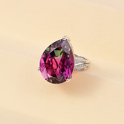 Watermelon Quartz (Triplet) and White Zircon Ring in Platinum Over Sterling Silver (Size 10.0) 16.85 ctw