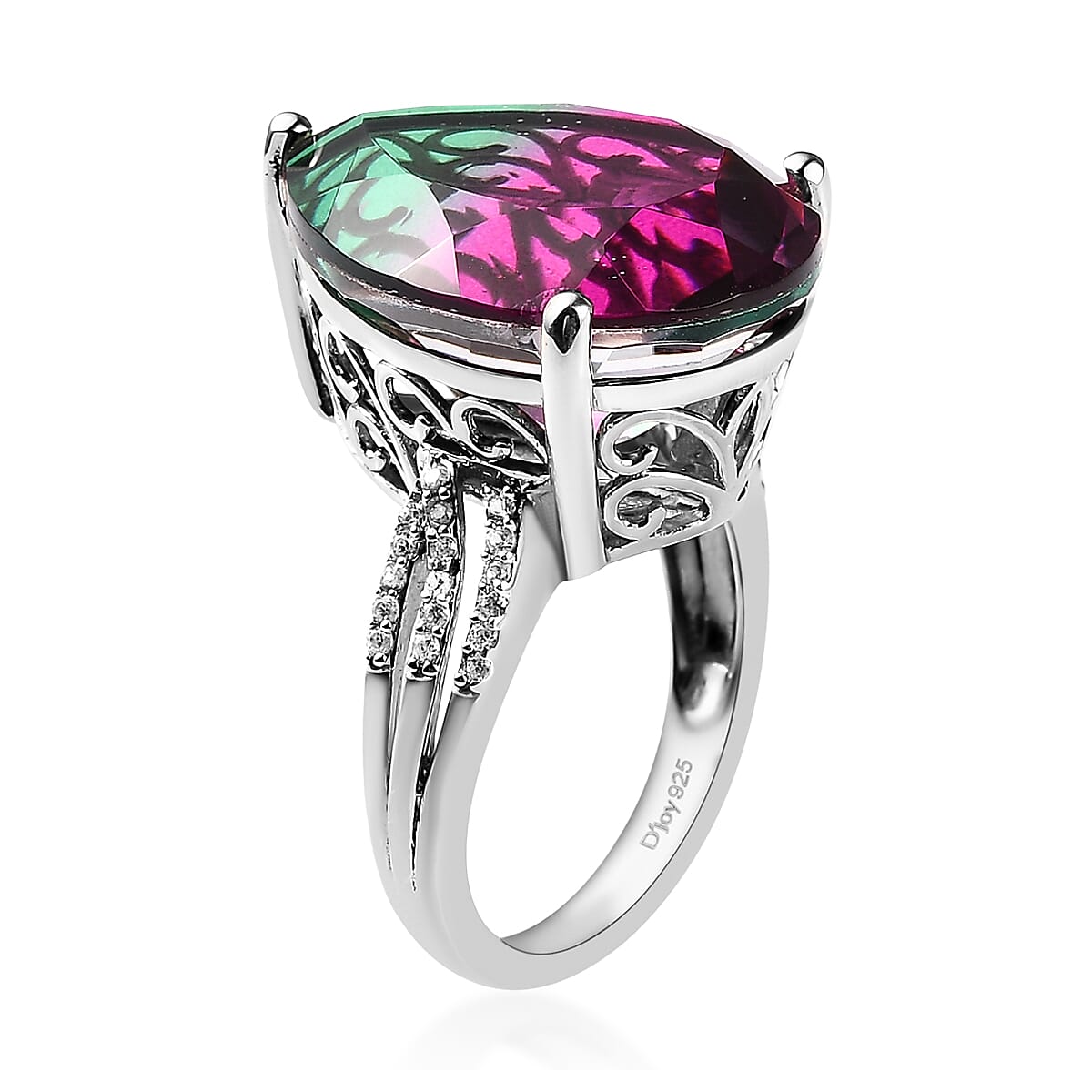 Watermelon Quartz (Triplet) and White Zircon Ring in Platinum Over Sterling Silver (Size 10.0) 16.85 ctw image number 3