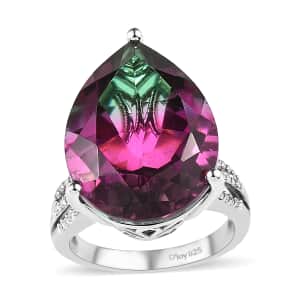 Watermelon Quartz (Triplet) and White Zircon Ring in Platinum Over Sterling Silver (Size 7.0) 16.85 ctw