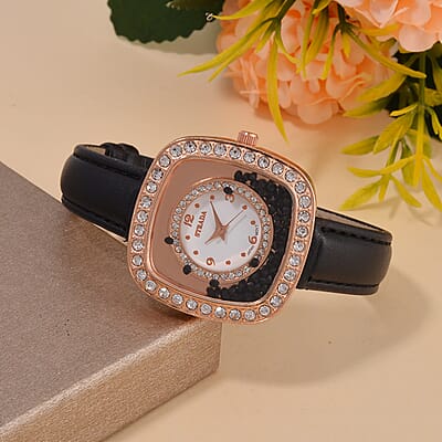 Strada Moving Multi Color Austrian Crystal Japanese Movement Watch with Black Faux Leather