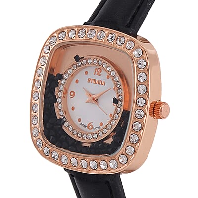 Strada Moving Multi Color Austrian Crystal Japanese Movement Watch with Black Faux Leather