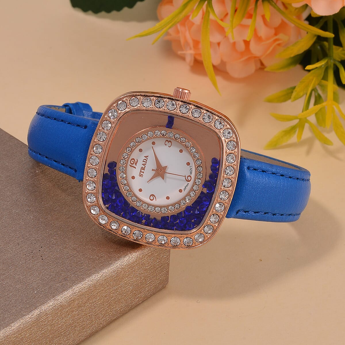 Strada Moving Blue and White Austrian Crystal Japanese Movement Watch with Blue Faux Leather image number 1