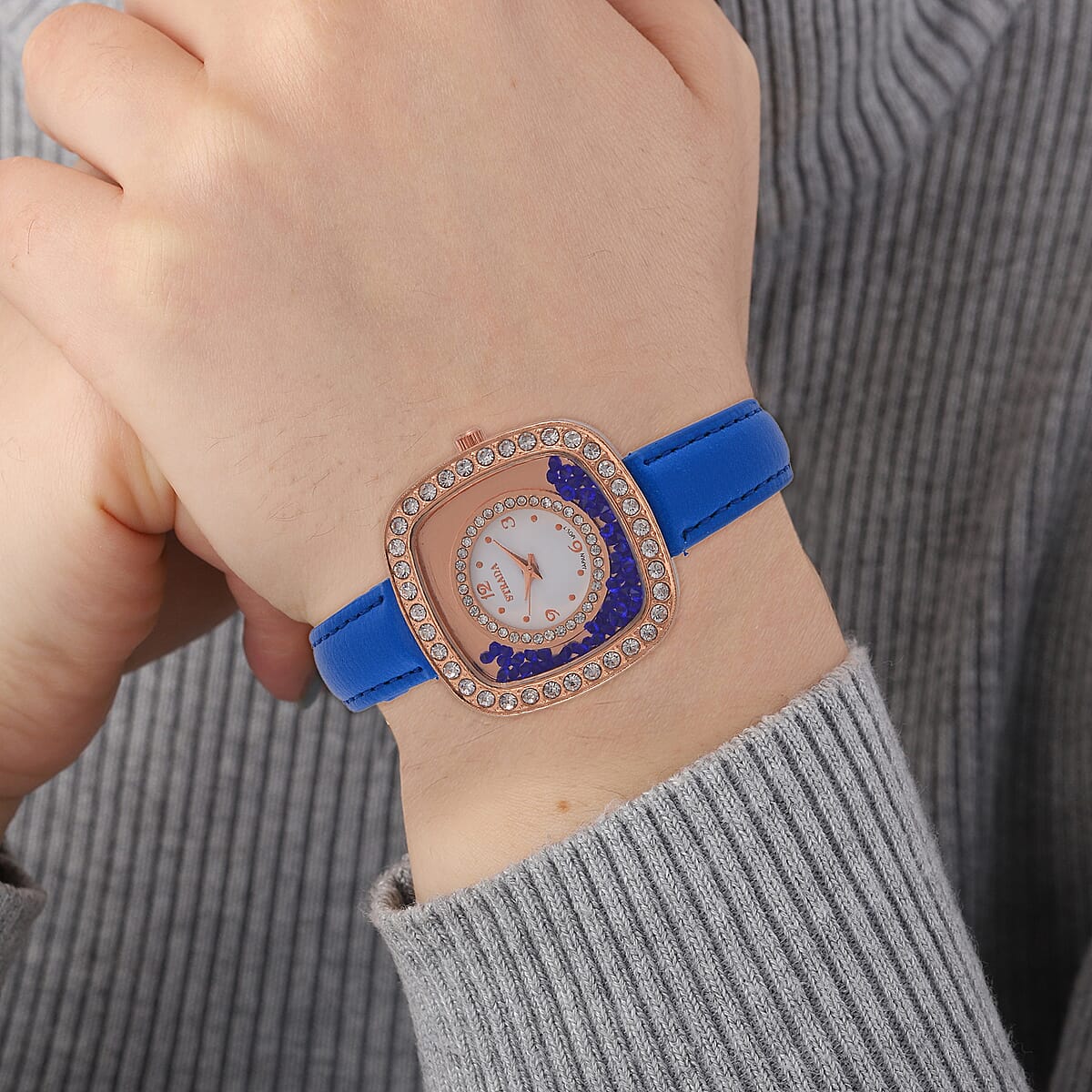 Strada Moving Blue and White Austrian Crystal Japanese Movement Watch with Blue Faux Leather image number 2
