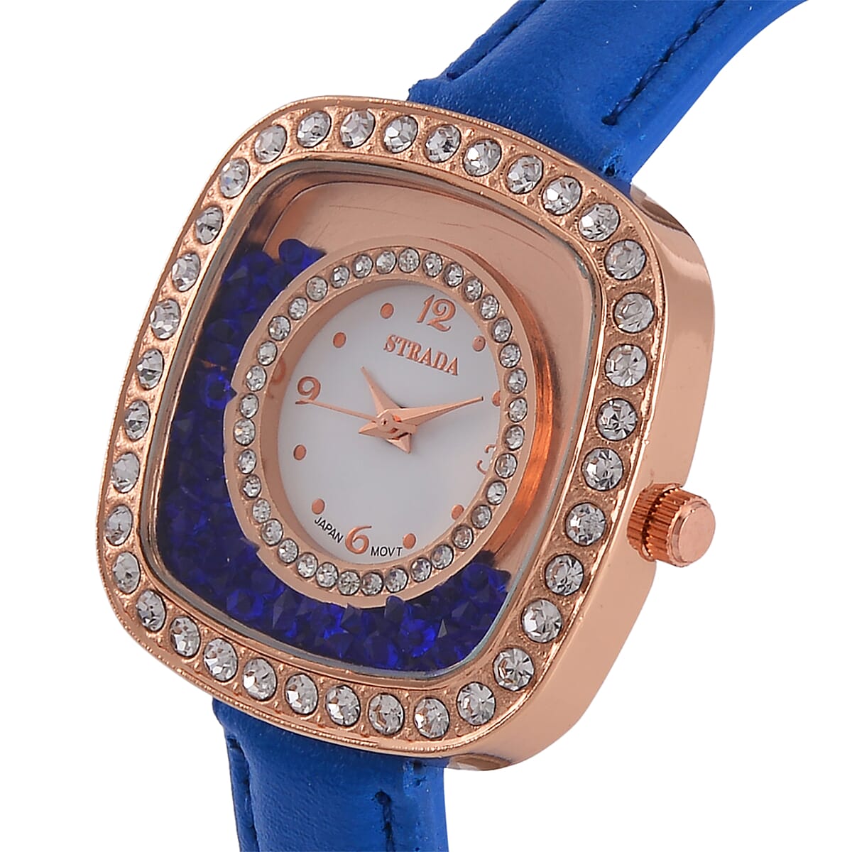 Strada Moving Blue and White Austrian Crystal Japanese Movement Watch with Blue Faux Leather image number 3