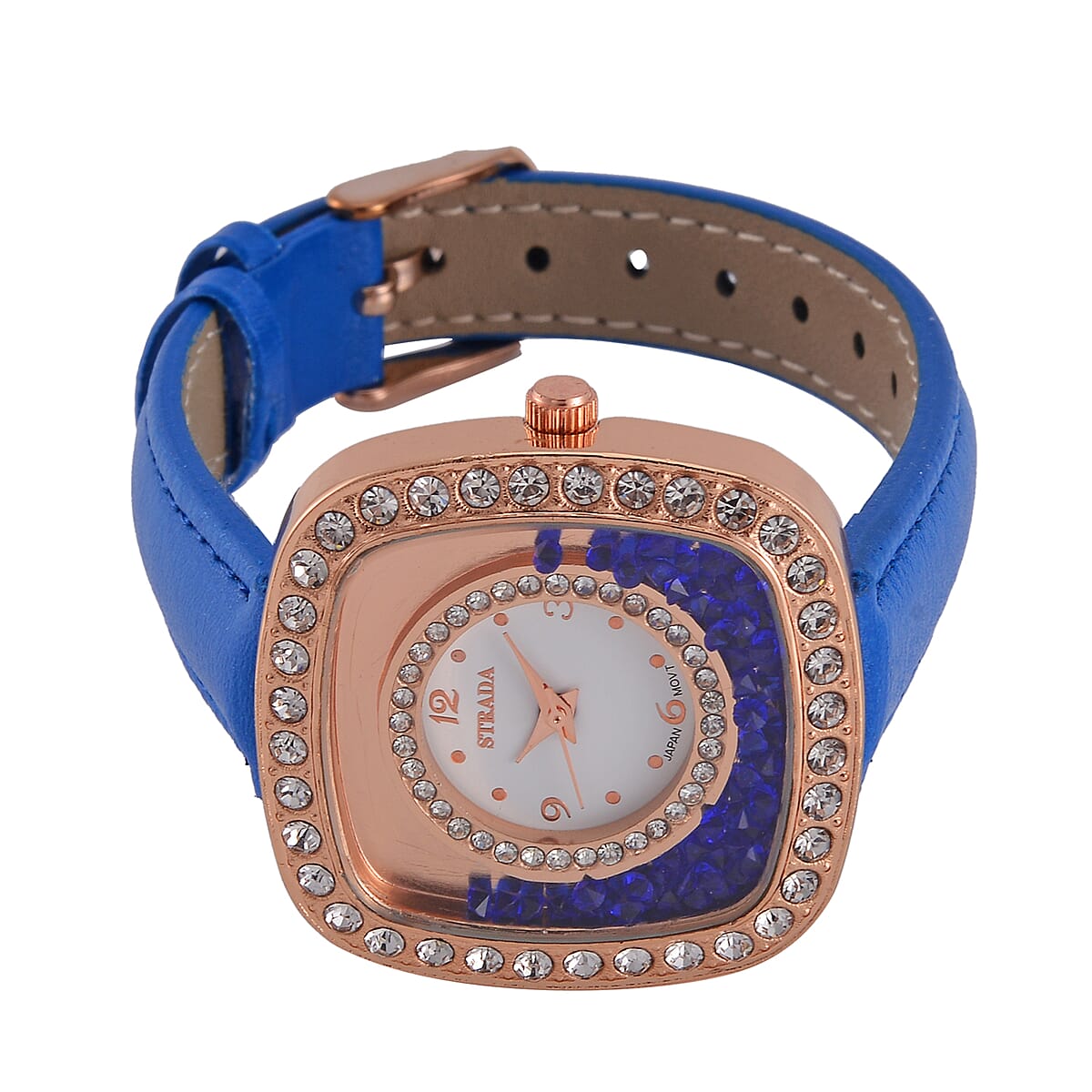 Strada Moving Blue and White Austrian Crystal Japanese Movement Watch with Blue Faux Leather image number 4