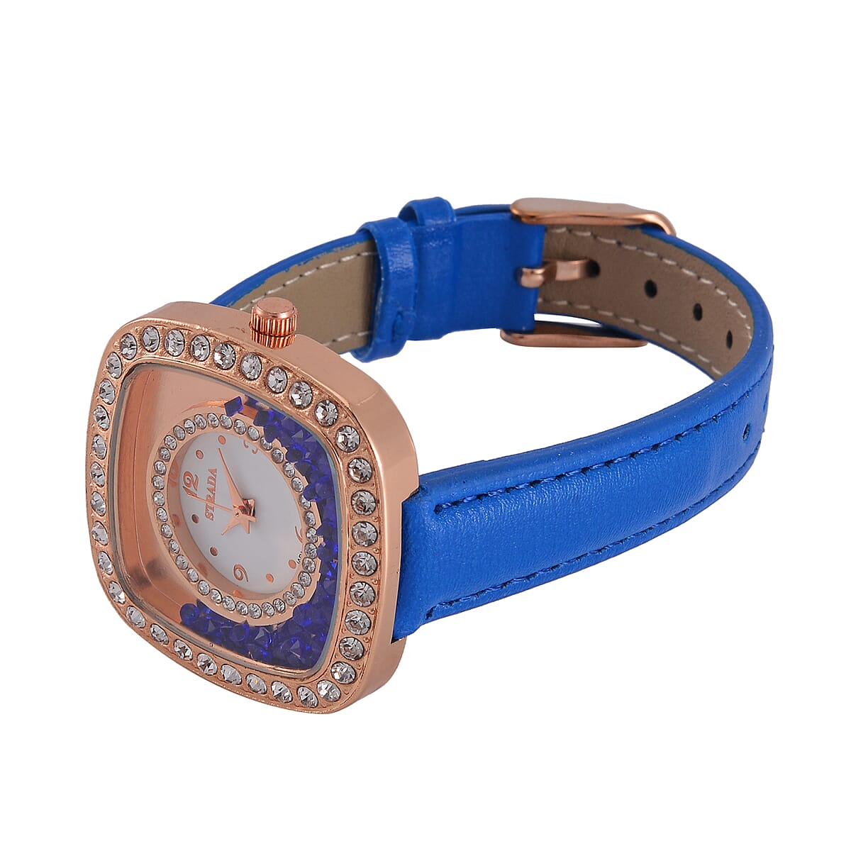 Strada Moving Blue and White Austrian Crystal Japanese Movement Watch with Blue Faux Leather image number 5