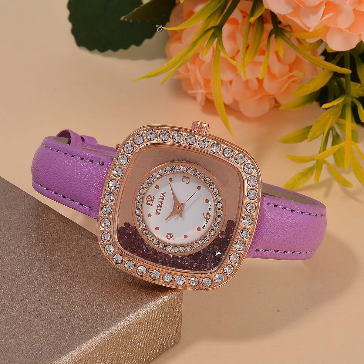 Strada Moving Purple and White Austrian Crystal Japanese Movement Watch with Purple Faux Leather image number 1