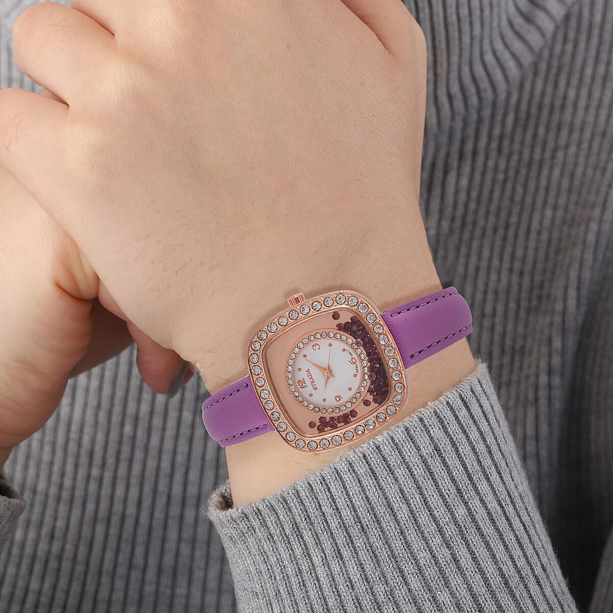 Strada Moving Purple and White Austrian Crystal Japanese Movement Watch with Purple Faux Leather image number 2