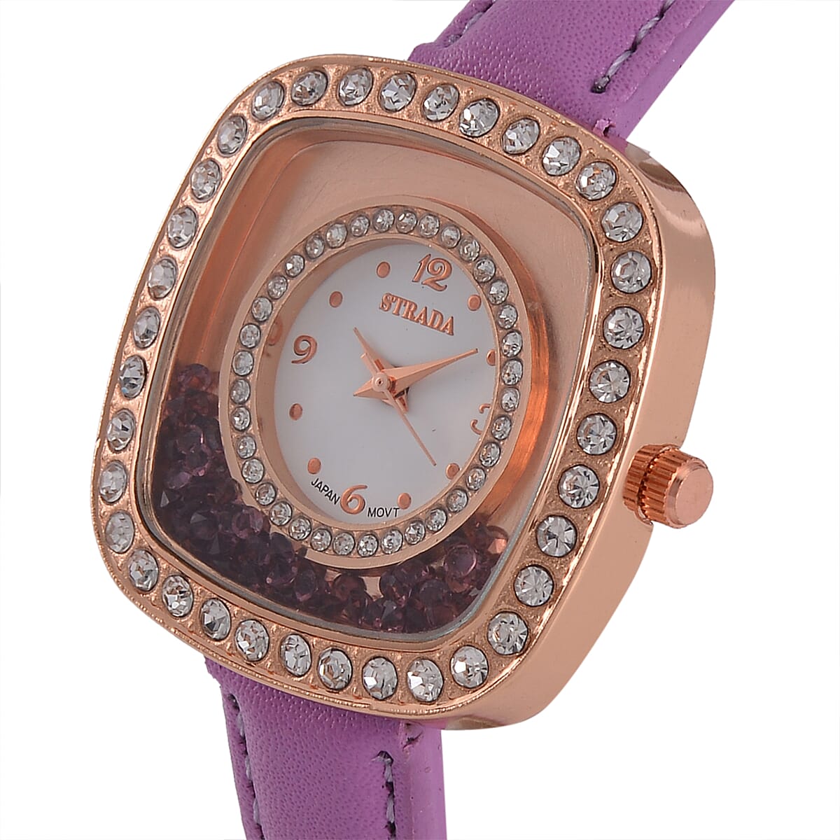 Strada Moving Purple and White Austrian Crystal Japanese Movement Watch with Purple Faux Leather image number 3