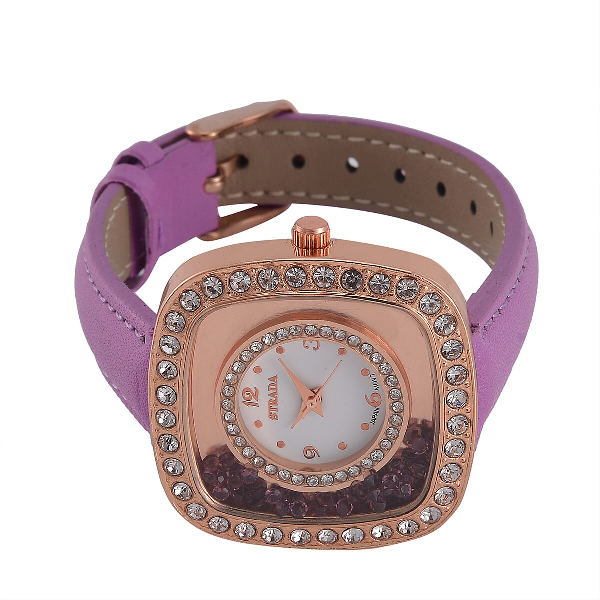 Strada Moving Purple and White Austrian Crystal Japanese Movement Watch with Purple Faux Leather image number 4