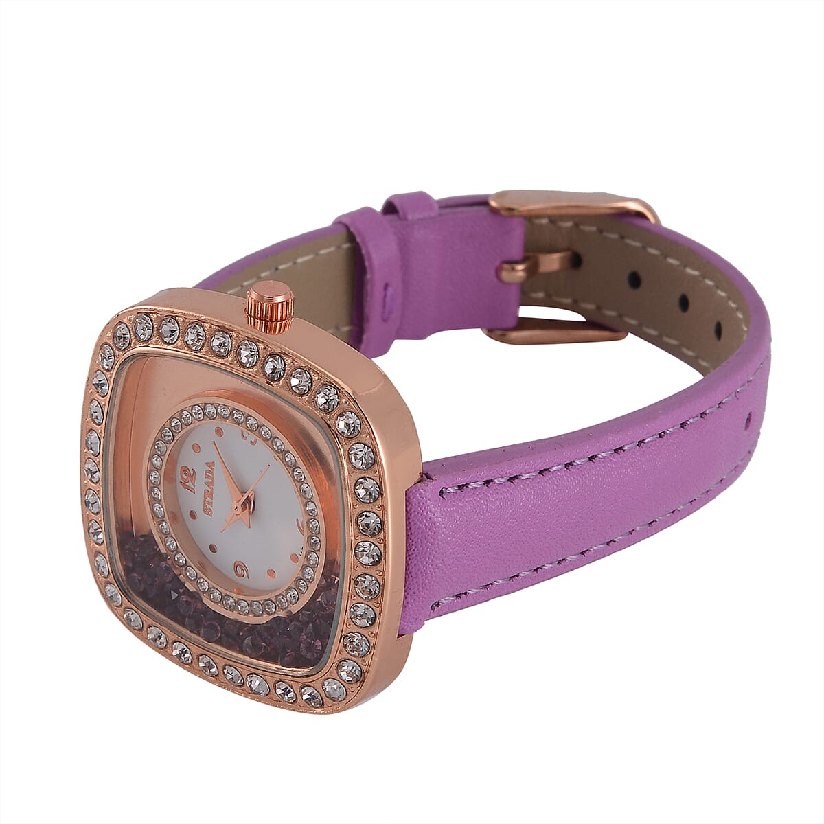 Strada Moving Purple and White Austrian Crystal Japanese Movement Watch with Purple Faux Leather image number 5