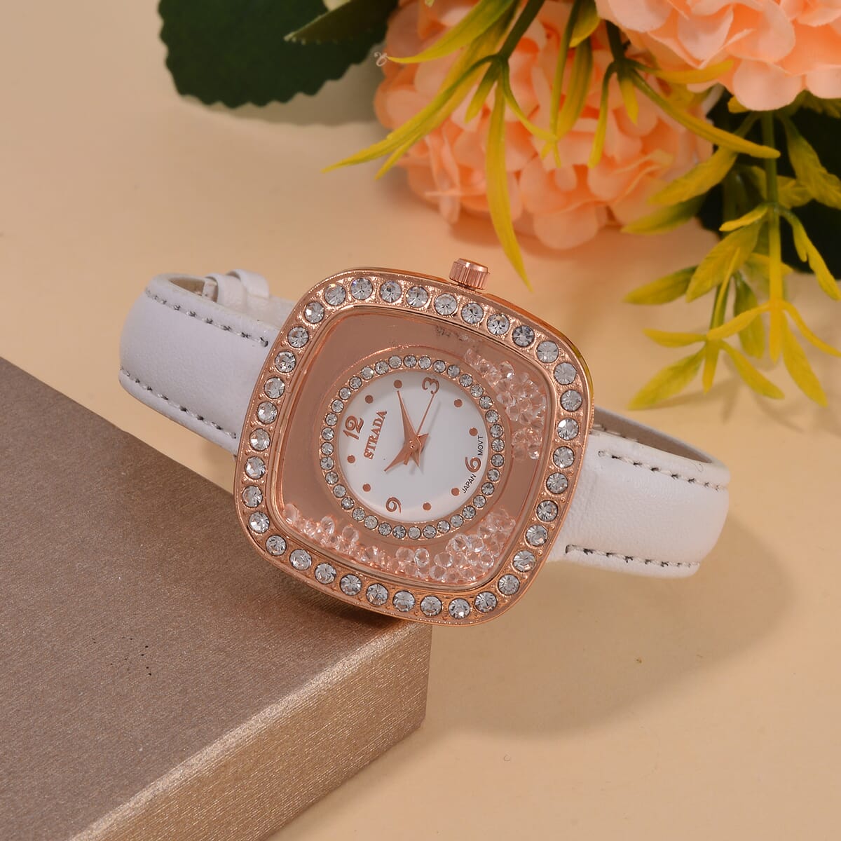 Value Buy Strada Moving Austrian Crystal Japanese Movement Watch with White Faux Leather image number 1