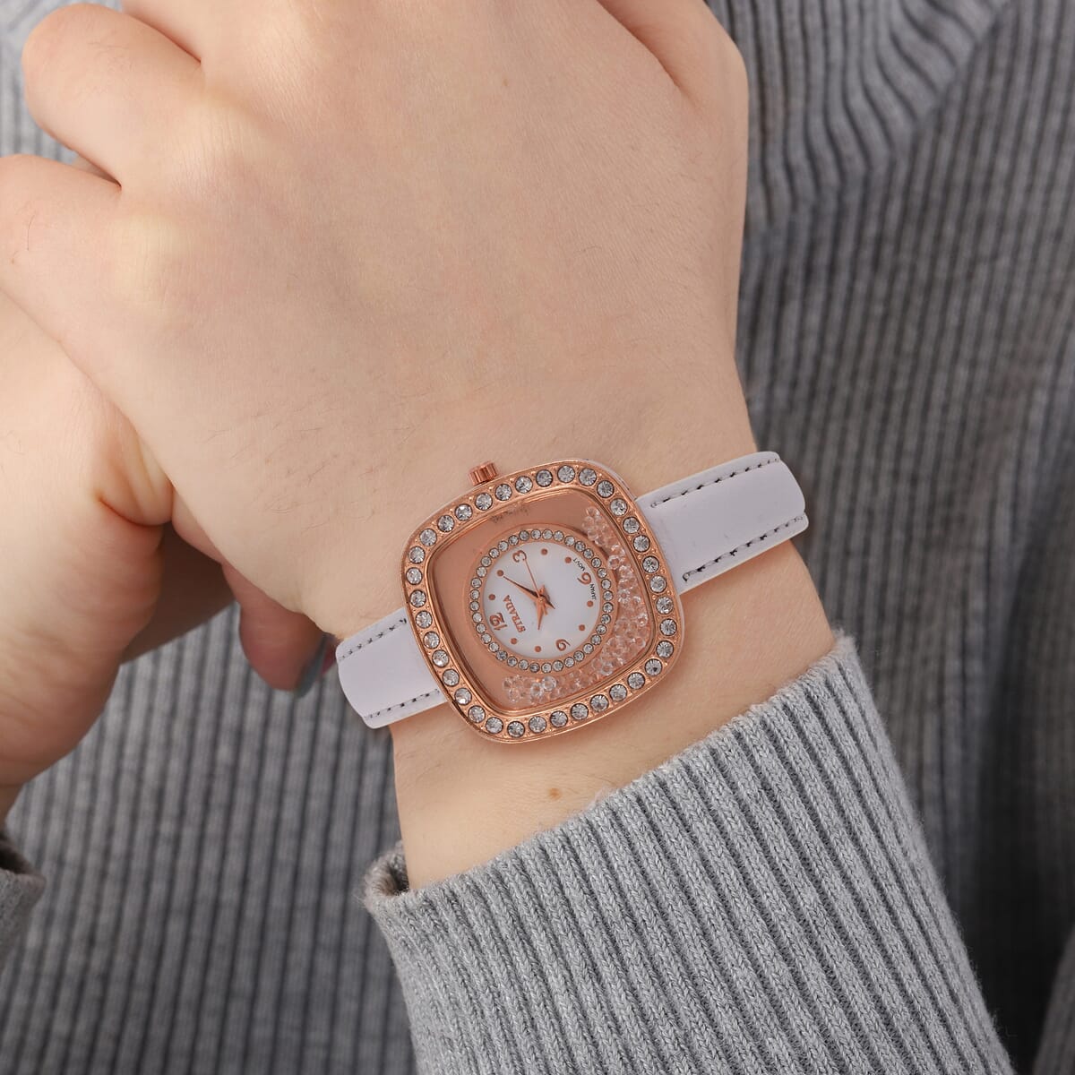 Value Buy Strada Moving Austrian Crystal Japanese Movement Watch with White Faux Leather image number 2
