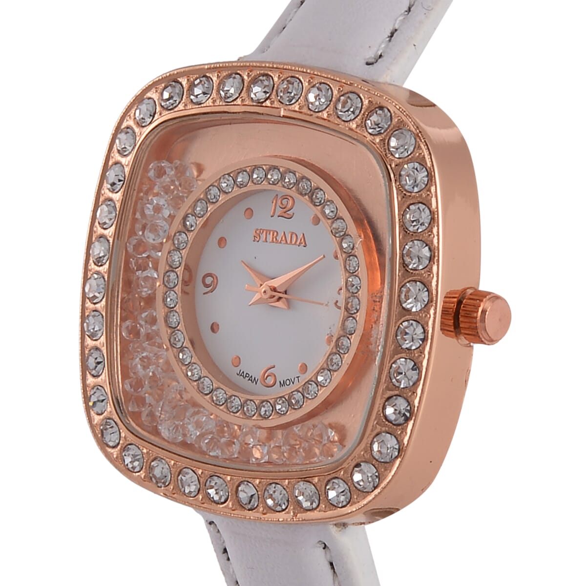 Value Buy Strada Moving Austrian Crystal Japanese Movement Watch with White Faux Leather image number 3