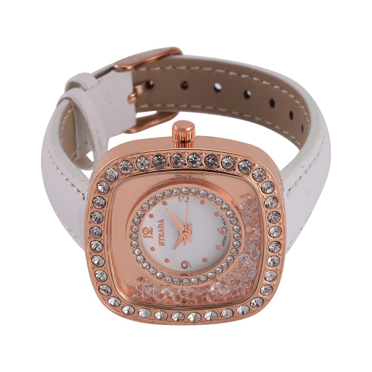 Value Buy Strada Moving Austrian Crystal Japanese Movement Watch with White Faux Leather image number 4