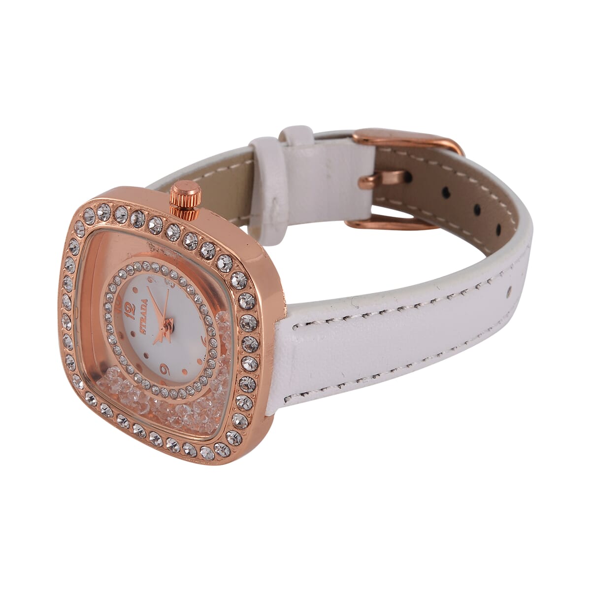 Value Buy Strada Moving Austrian Crystal Japanese Movement Watch with White Faux Leather image number 5