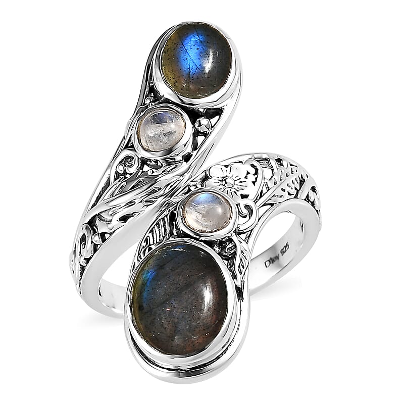 Artisan Crafted AAA Malagasy Labradorite, Kuisa Rainbow Moonstone Bypass Ring in Sterling Silver (Size 10.0) 5.15 ctw