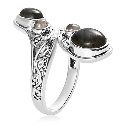 Artisan Crafted AAA Malagasy Labradorite, Kuisa Rainbow Moonstone Bypass Ring in Sterling Silver (Size 10.0) 5.15 ctw