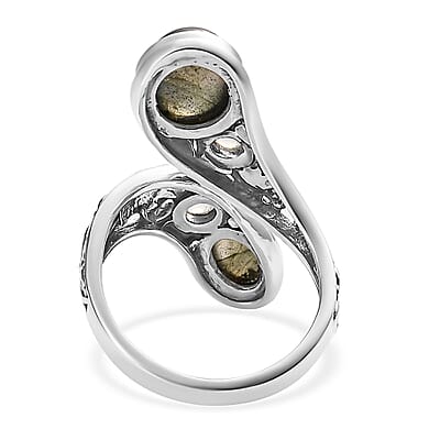 Artisan Crafted AAA Malagasy Labradorite, Kuisa Rainbow Moonstone Bypass Ring in Sterling Silver (Size 10.0) 5.15 ctw